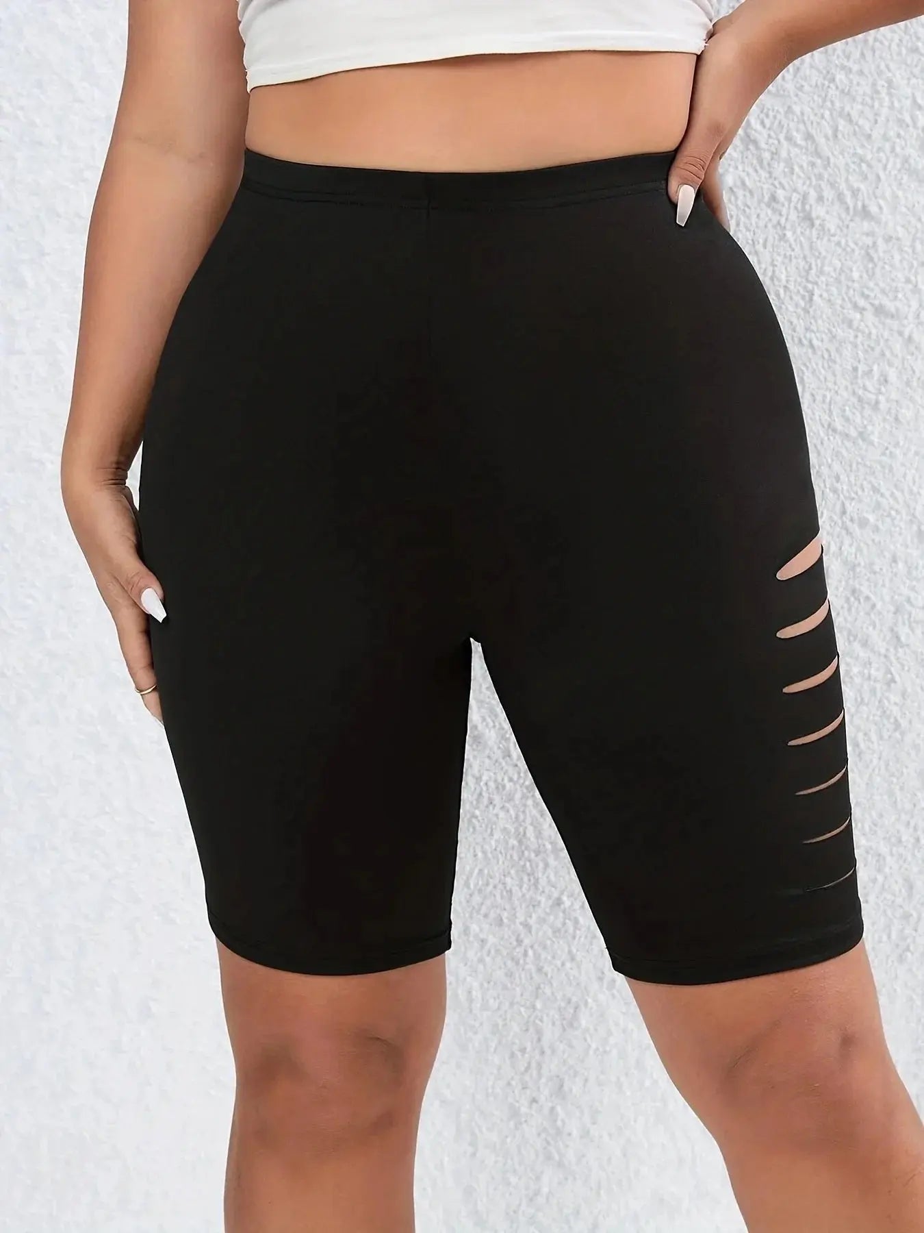 Summer Sexy Solid Color Five Quarter Pants Black High-waisted Plus Size Shorts Fashion Trend Side Holes All Match Shorts Women - Lady T Fashions