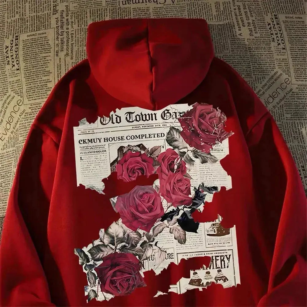 Hoodie Men Graphic Vivid Rose Print Cotton Hoodies American Retro Personality Streetwear Casual Hooded Sweatshirt Men's Clothing - Lady T Fashions