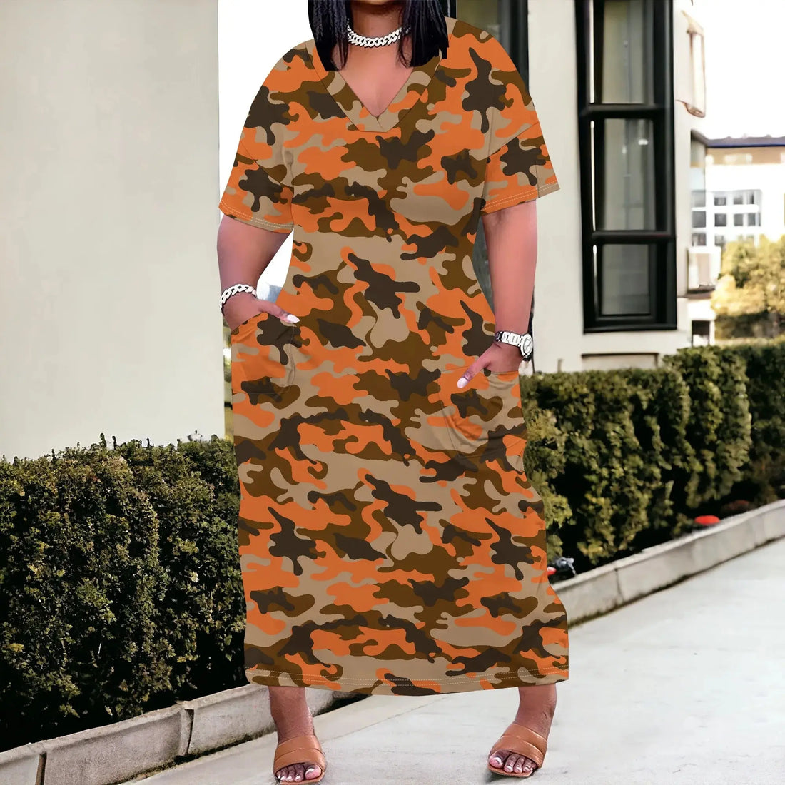 V-Neck Camo Print Women's Loose Maxi Dress 2025 New Arrival Summer Casual Dress XL-6XL - Lady T Fashions