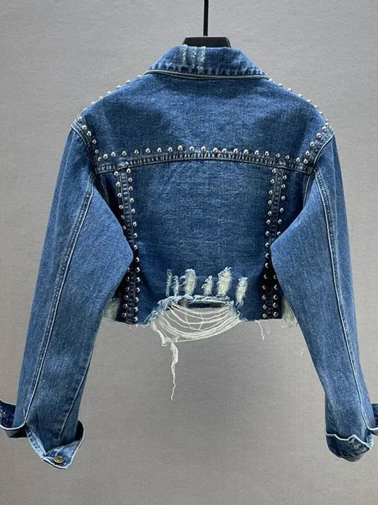 Womens Denim Jacket 2024 Spring Summer New in Heavy Industry Rivet Studded Jean Jacket Women Worn Nail Bead Jean Jacket Top - Lady T Fashions