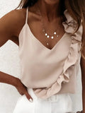 Women Summer Blouse Shirts Sexy V Neck Ruffle Blouses Backless Spaghetti Strap Office Ladies Sleeveless Casual Tops - Lady T Fashions