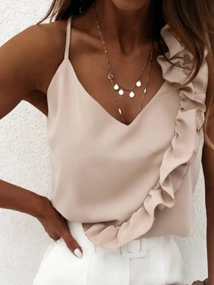Women Summer Blouse Shirts Sexy V Neck Ruffle Blouses Backless Spaghetti Strap Office Ladies Sleeveless Casual Tops - Lady T Fashions