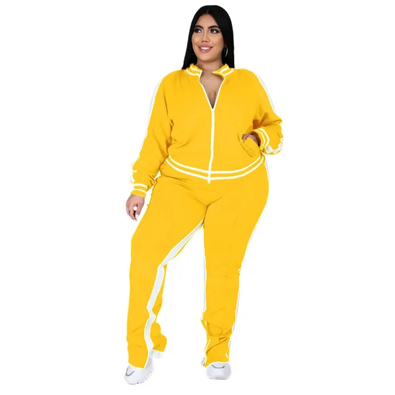 Plus Size L-5XL Two Piece Set Women Sweatsuit Zip Striped Top Slit Sweatpants Jogger Outfit Matching Set Wholesale Dropshipping - Lady T Fashions