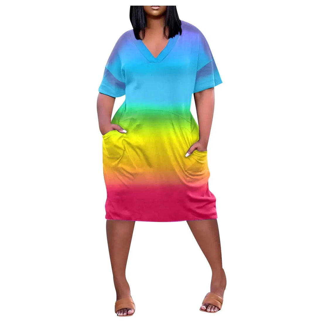 y2k 2025 Summer V Neck Short Sleeve Dress Knee Pocket Casual Daily Dress Harajuku Style Women's Clothing  Plus Size L-5XL - Lady T Fashions