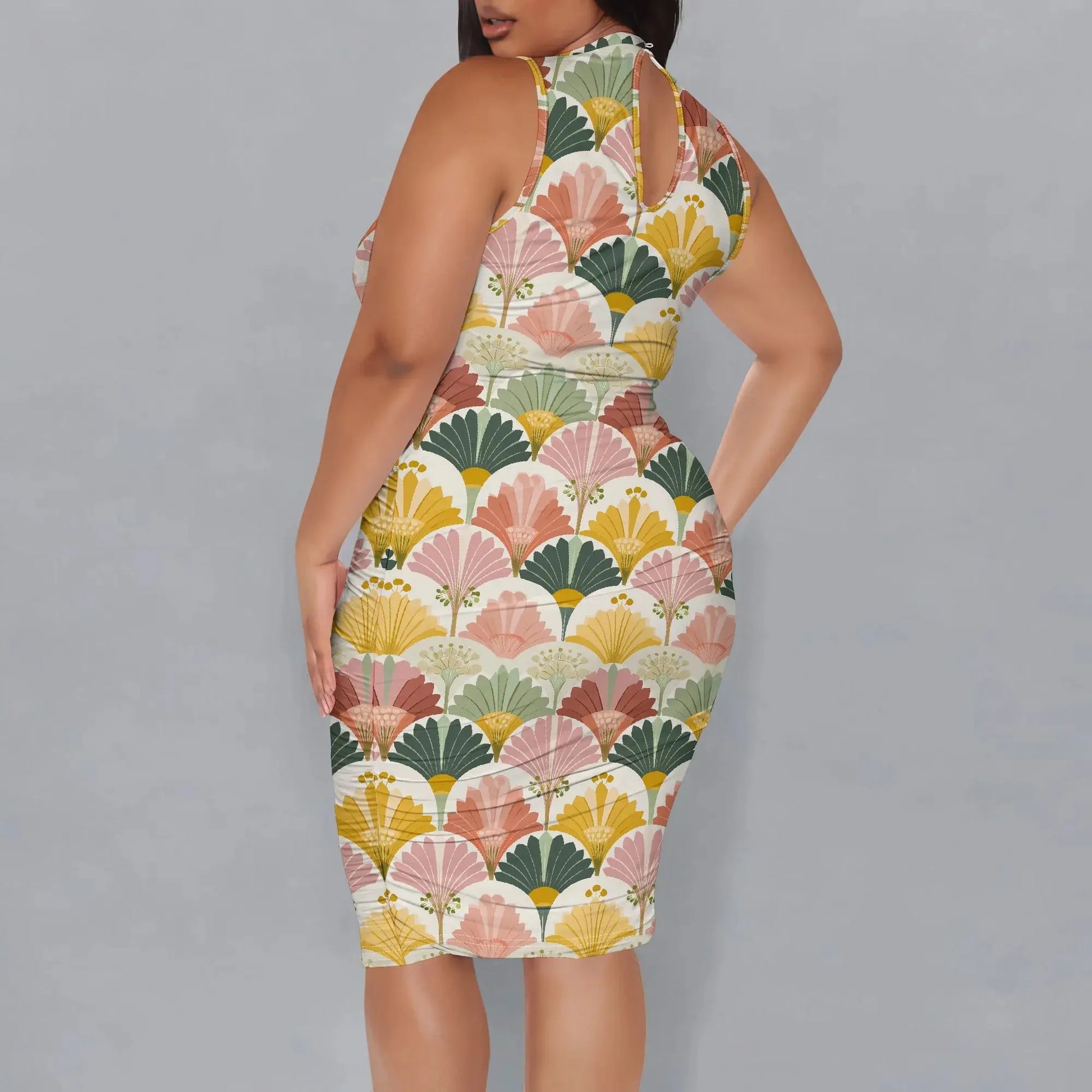 Women's XL-6XL Sleeveless Pastel Fan Flower Print Dress 2025 Vintage Style Midi Dress for Garden Party or Brunch - Lady T Fashions