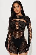 Women's Sexy Long Sleeve Jumpsuit See Through Outfit Sheer Mesh Hollow Out Night Club Short Romper - Lady T Fashions