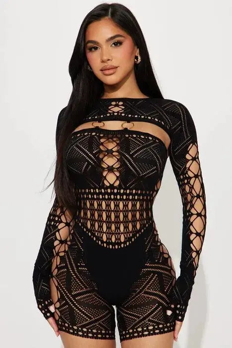 Women's Sexy Long Sleeve Jumpsuit See Through Outfit Sheer Mesh Hollow Out Night Club Short Romper - Lady T Fashions
