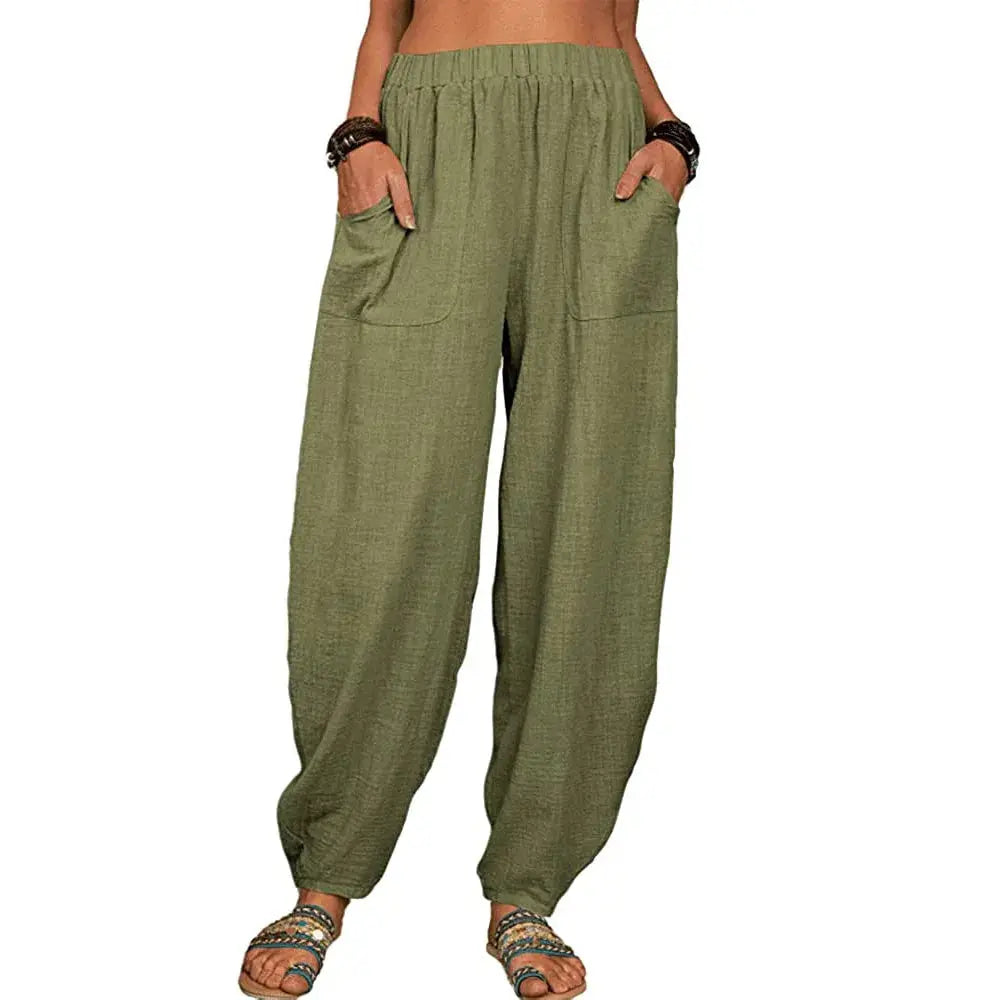 Women Harem Pants Summer Casual Vintage Cotton Linen Pants Elastic Waist Wide Leg Retro Loose Pockets Female Mom Trousers S-5XL Lady T Fashions