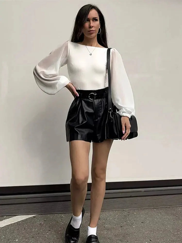 Sexy Bodysuit For Women Black White Bodycon Mesh Long Sleeve One Pieces Solid Round Neck Bodysuits Jumpsuit Tops Body Suit Y2K - Lady T Fashions