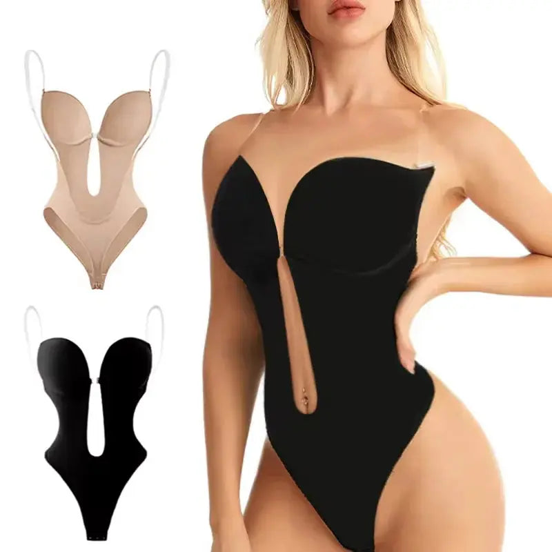 Women Shapers Underwear Backless Bodysuit Shapewear Deep V-Neck Body U Plunge Clear Strap Thong Shaper Padded Push Up Corsets - Lady T Fashions