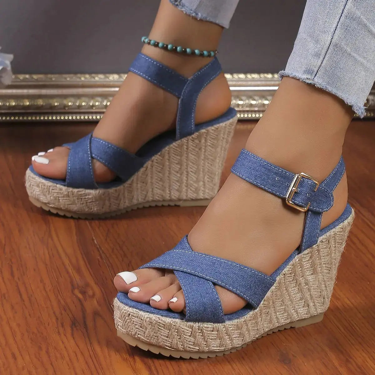 2025 Summer NewPlus-size Wedge Sandal Lady Cowboy Simple Commuting Muffin Bottom Summer Slope with Sandals Women High Heels - Lady T Fashions