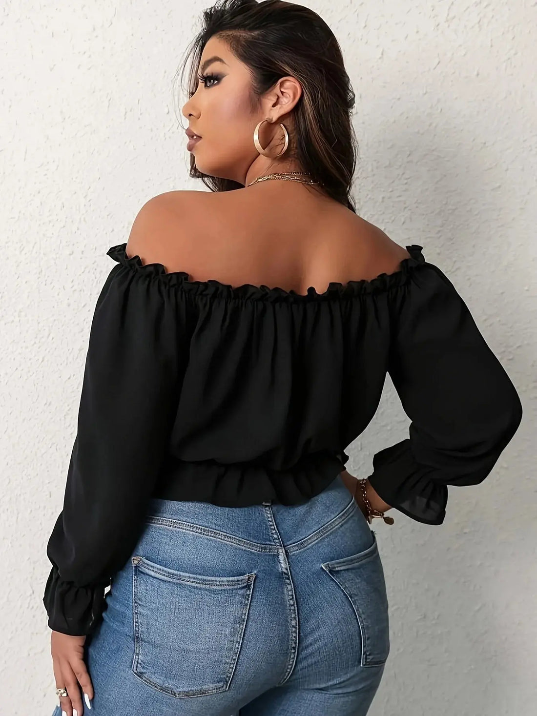 Plus Size Elegant Shoulderless Shirt for Women European and American Style Casual Curve Clothing Vacation Solid Long Sleeve Tops - Lady T Fashions