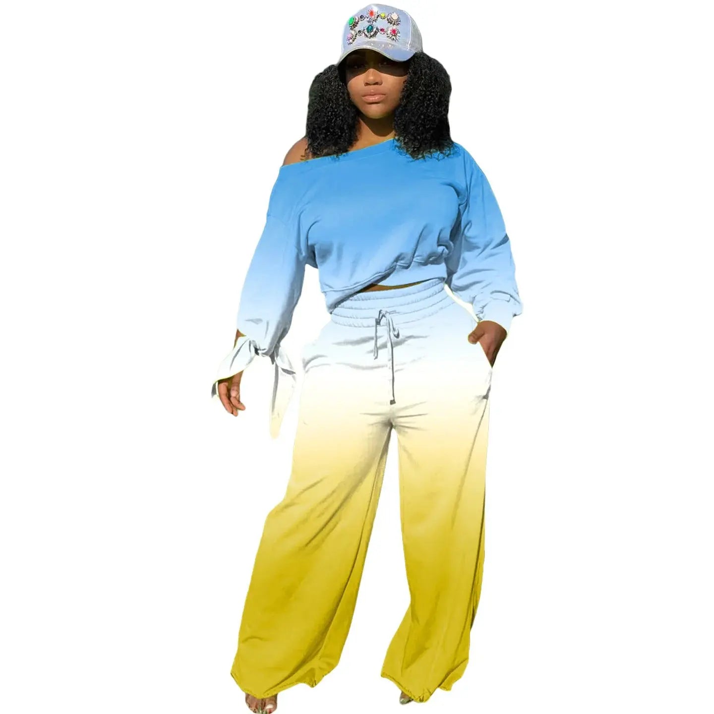 Women's clothing long pants set gradient color trendy long sleeved knotted wide leg pants set autumn and winter styles plus size - Lady T Fashions