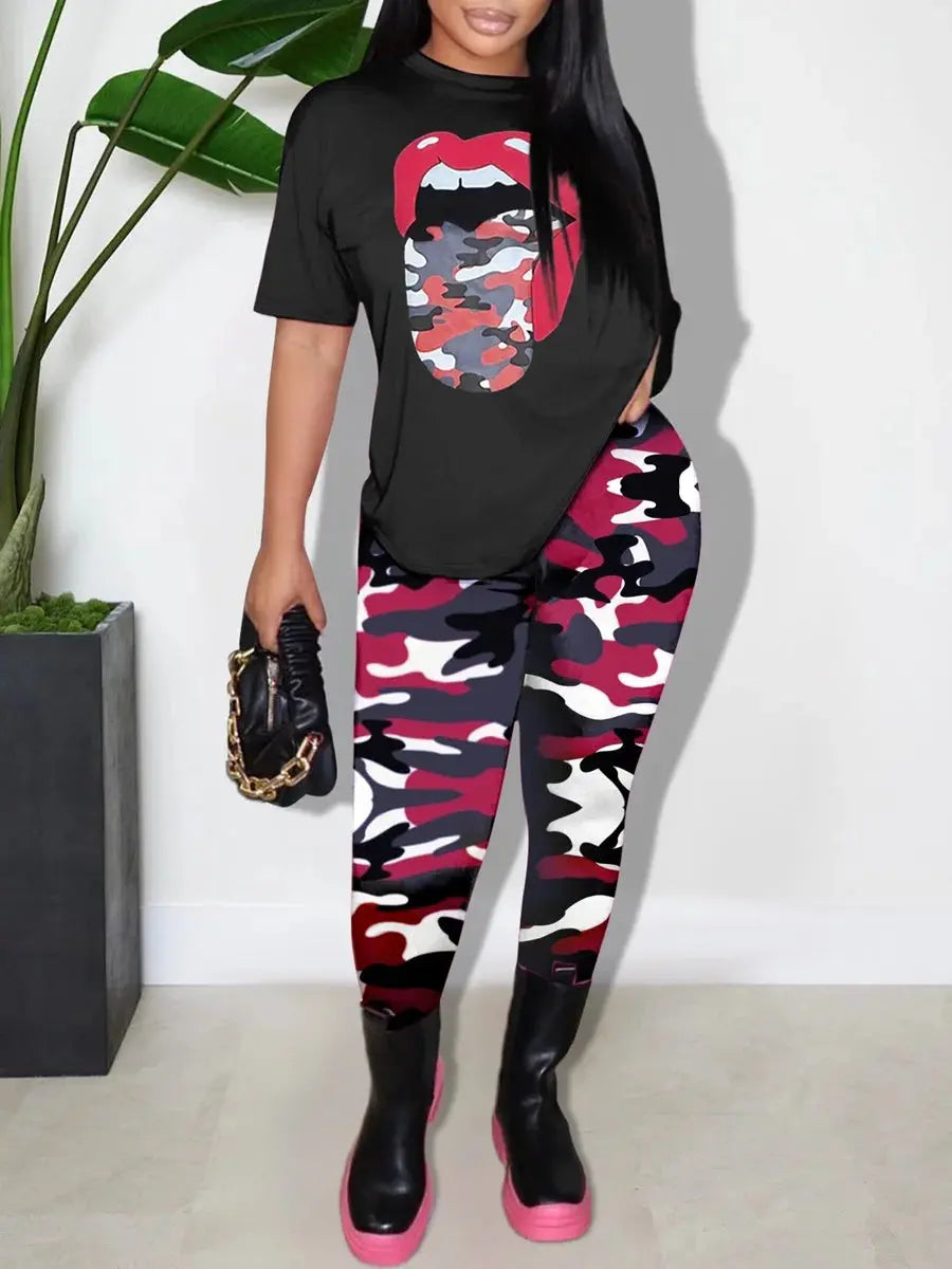 LW Plus Size Two pieces sets casual women's clothing  short sleeve Camo Lip Print Round neck T-shirt + skinny Pants Set - Lady T Fashions