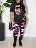 LW Plus Size Two pieces sets casual women's clothing  short sleeve Camo Lip Print Round neck T-shirt + skinny Pants Set - Lady T Fashions