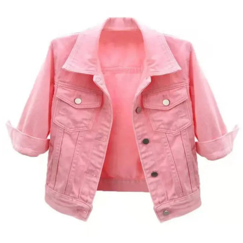 Women Denim Jacket Spring Autumn Short Coat Pink Jean Jackets Casual Tops Purple Yellow Purple Blue Loose Tops Lady Outerwear - Lady T Fashions