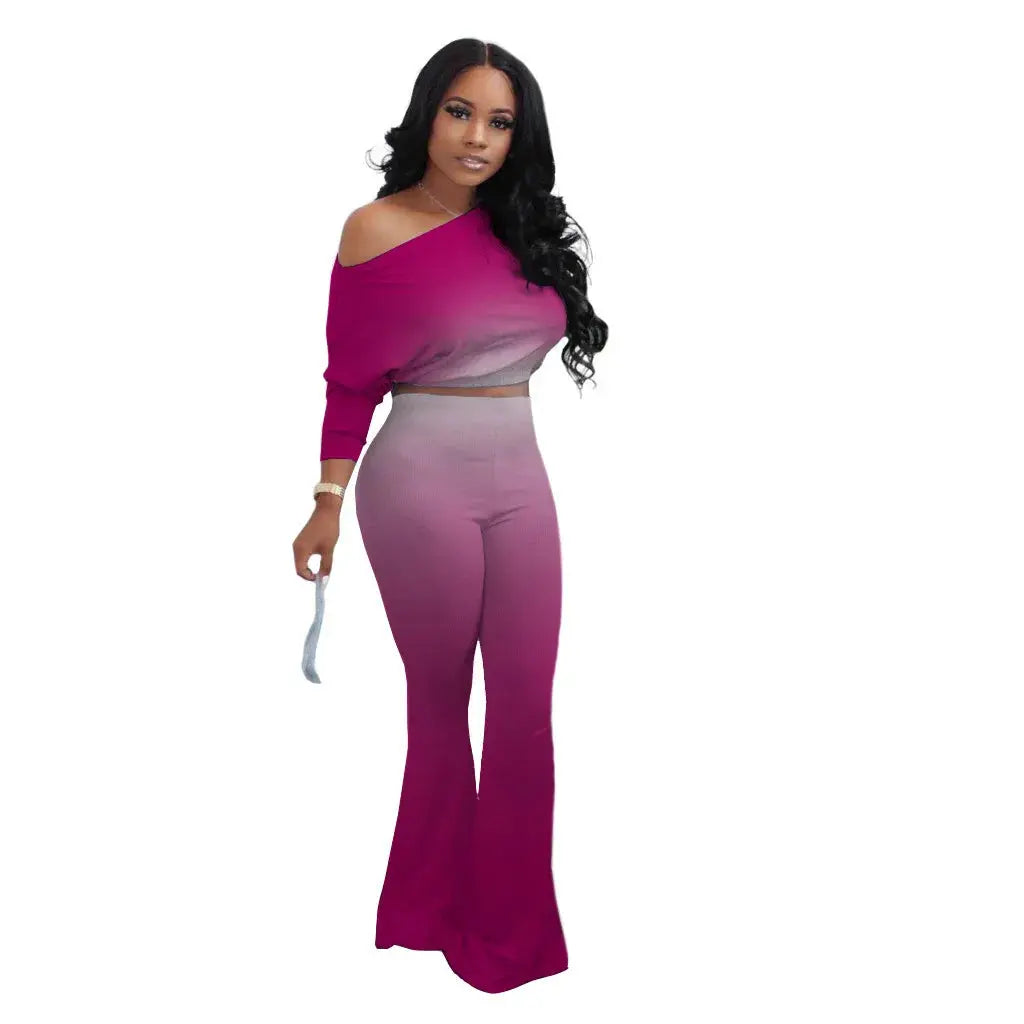 Women's long pants set gradient color solid color sloping shoulder top slim fit flared pants home wear two-piece set plus size - Lady T Fashions