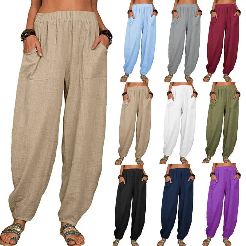 Women Harem Pants Summer Casual Vintage Cotton Linen Pants Elastic Waist Wide Leg Retro Loose Pockets Female Mom Trousers S-5XL Lady T Fashions