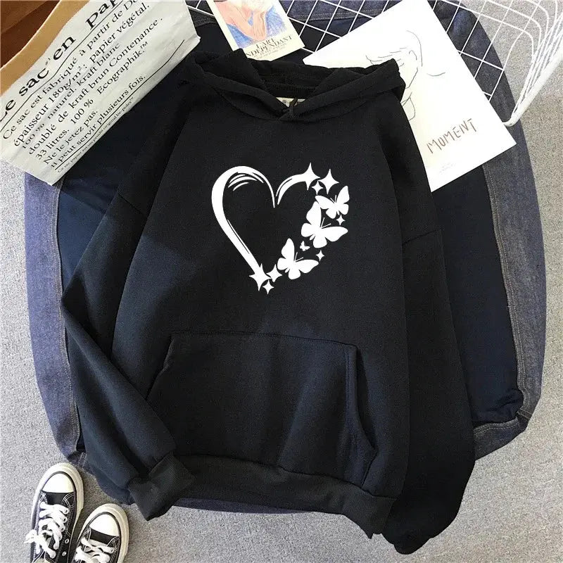 Heart Printed Hoodies for Woman Autumn Winter Daily Casual Sporty Hooded Sweatshirts Female Home Outdoor Comfort Loose Pullover - Lady T Fashions
