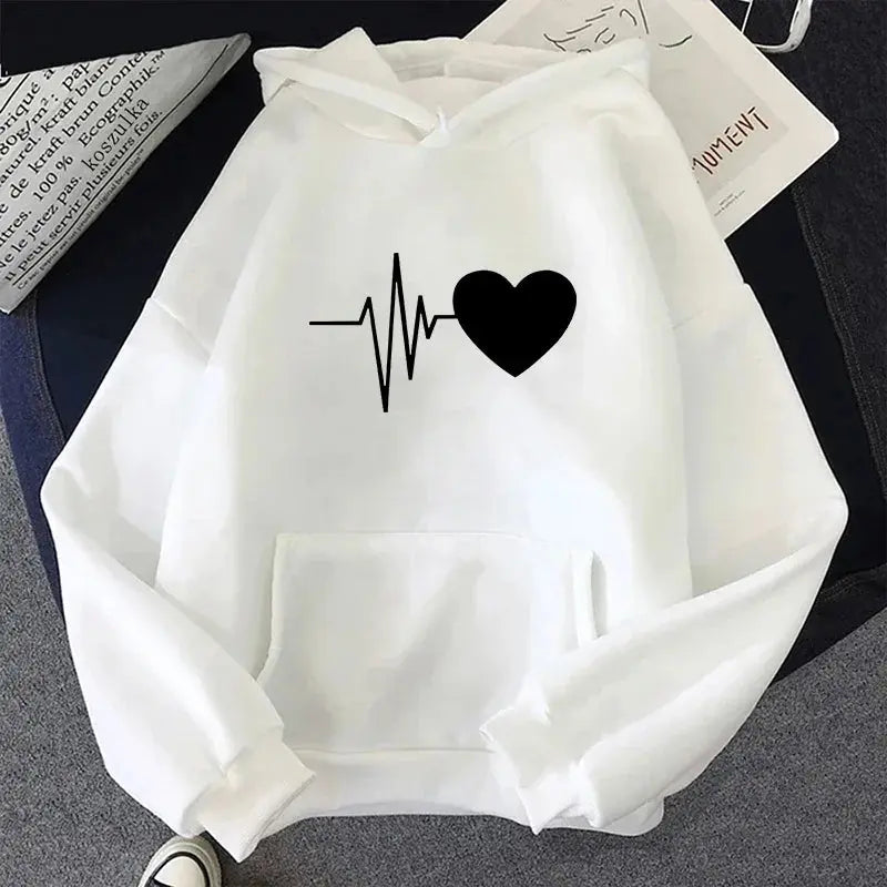 Woman Hooded Sweatshirt Casual Fashion Heart Print Hoodies Ladies Home Outdoor Comfort Warm Pullover Daily Sport Loose Hoody Top - Lady T Fashions