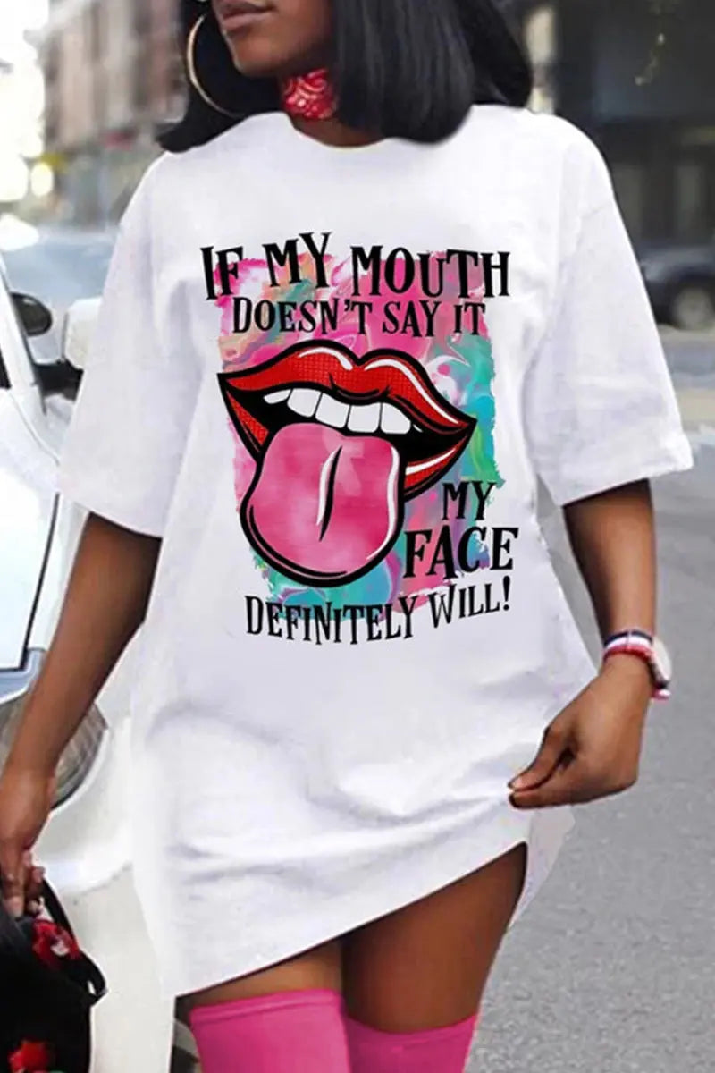 Plus Size Women's Fashion Dresses Outdoor Halter Home Stretchy Nightgowns Sexy Colourful Lips Printed Women's Street Knee Skirt - Lady T Fashions