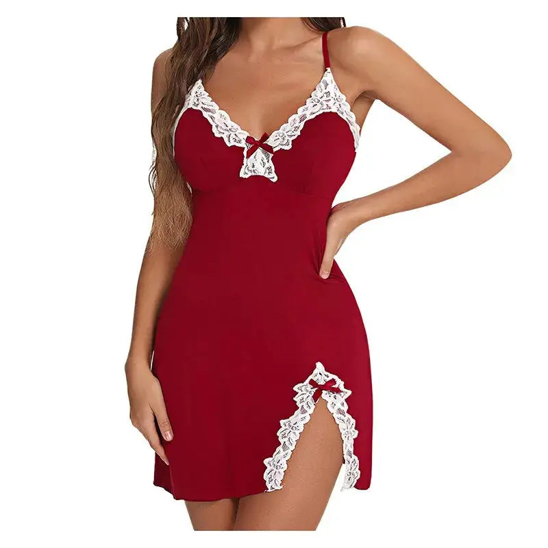 Sexy Sleepwear Women Lace Silk Satin V-Neck Nightgown Split Hem Soft Lingerie Night Dress Sleeveless Sleepwear Female Clothes - Lady T Fashions