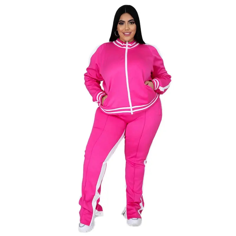 Plus Size L-5XL Two Piece Set Women Sweatsuit Zip Striped Top Slit Sweatpants Jogger Outfit Matching Set Wholesale Dropshipping - Lady T Fashions