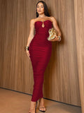 Dulzura Sleeveless Strapless Pleated Maxi Dress With Button Women’S Sexy Elegant Long Dress Party Club Office Spring Summer - Lady T Fashions