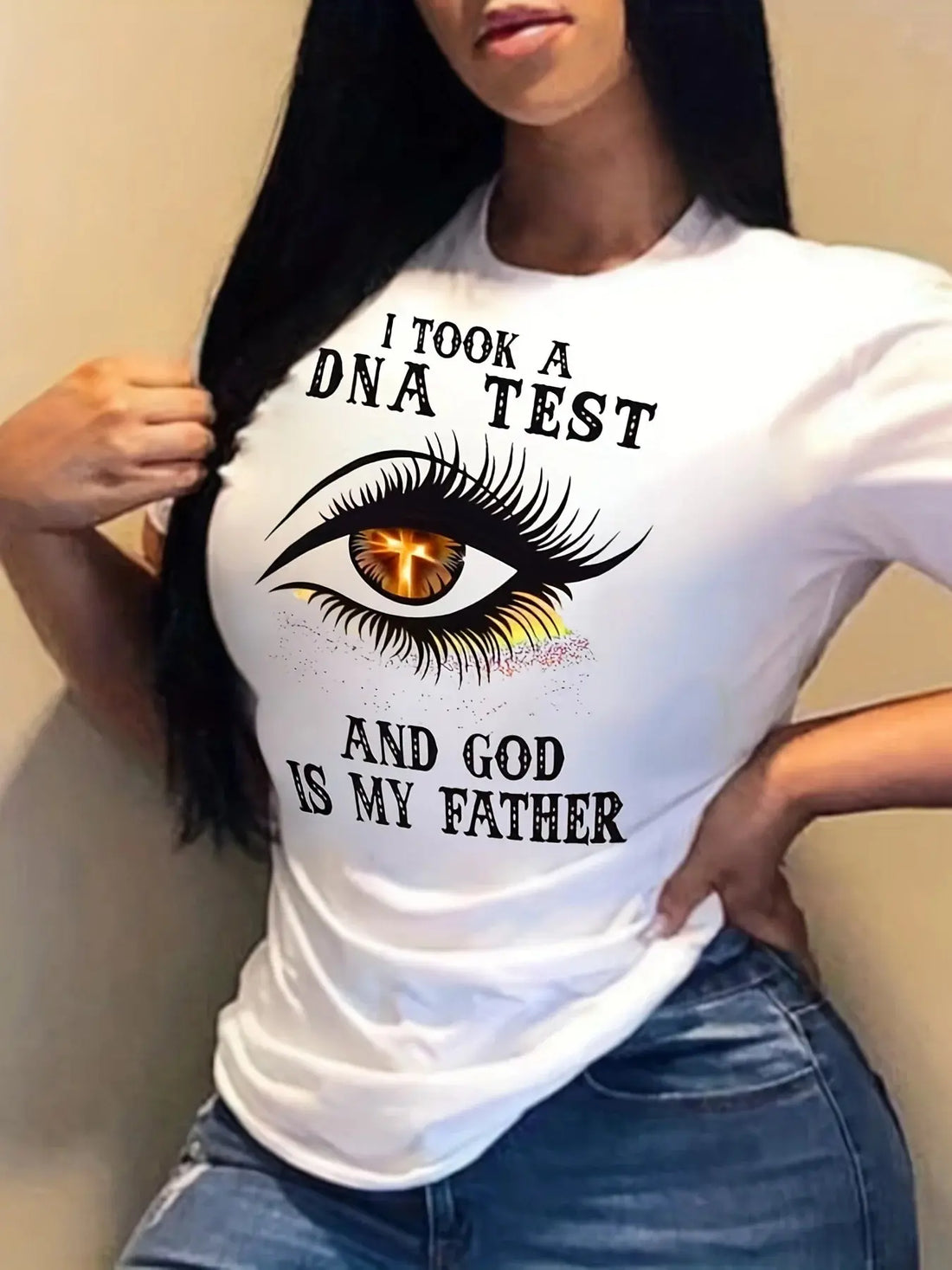 Plus Size Casual T-shirt Women's Plus Eye & Slogan Print Short Sleeve Round Neck Medium Stretch T-shirt - Lady T Fashions