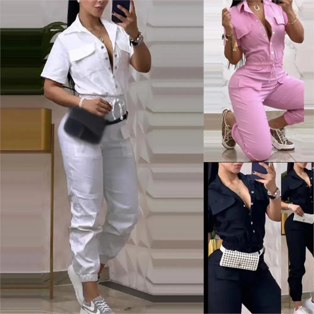 Fashion Casual Pocket Solid Color Short Sleeved Women Jumpsuit Spring Autumn New Waistband Female Shirt Work Overalls Pants - Lady T Fashions