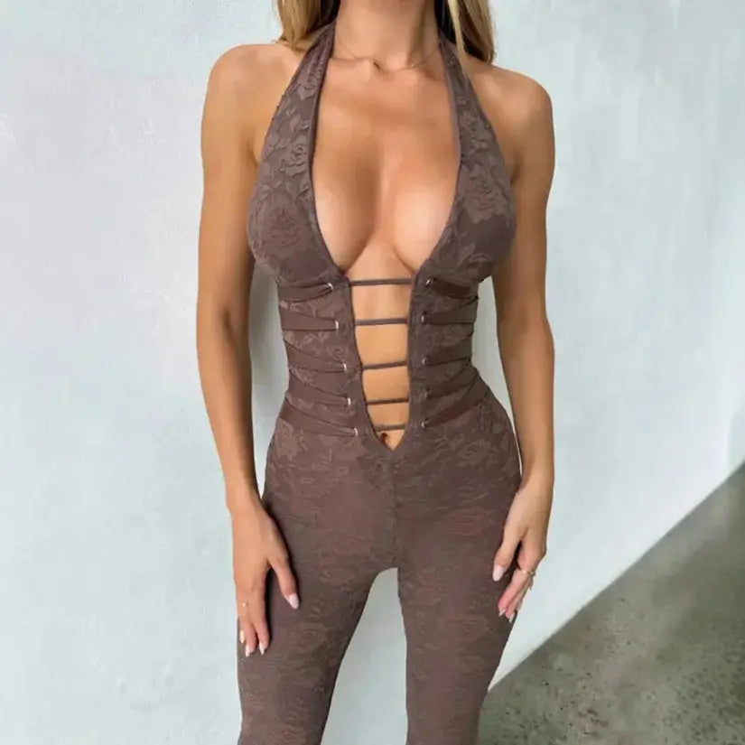 Sexy Lace Trousers Deep V Strap-on Neck Jumpsuit 2025 Spring/summer New Fashion High Street Women's Clothing - Lady T Fashions