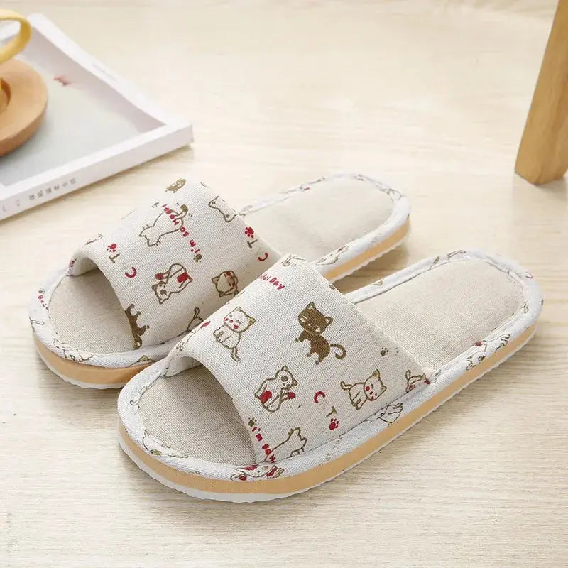 House Linen Slippers Women Floral Autumn Cute Home Indoor Non Slip Funny Sandals Cartoon Kawaii Cat Shoes Flat Flax Striped Lady T Fashions