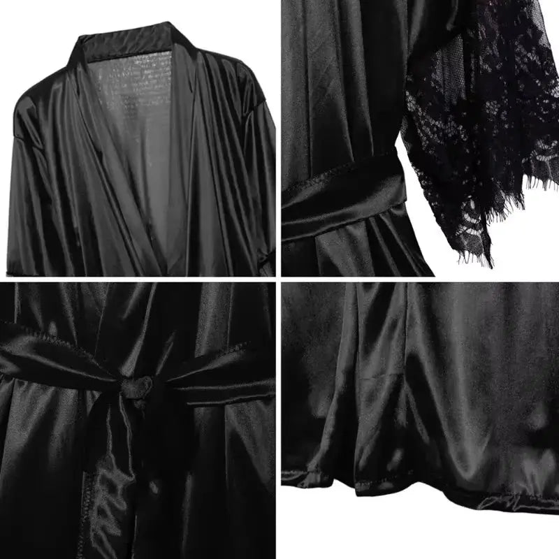 Women Night Gown Robe with G String Floral Lace Bathrobe Halt Sleeve Nightdress Female French Sexy Silky Satin Sleepwear - Lady T Fashions