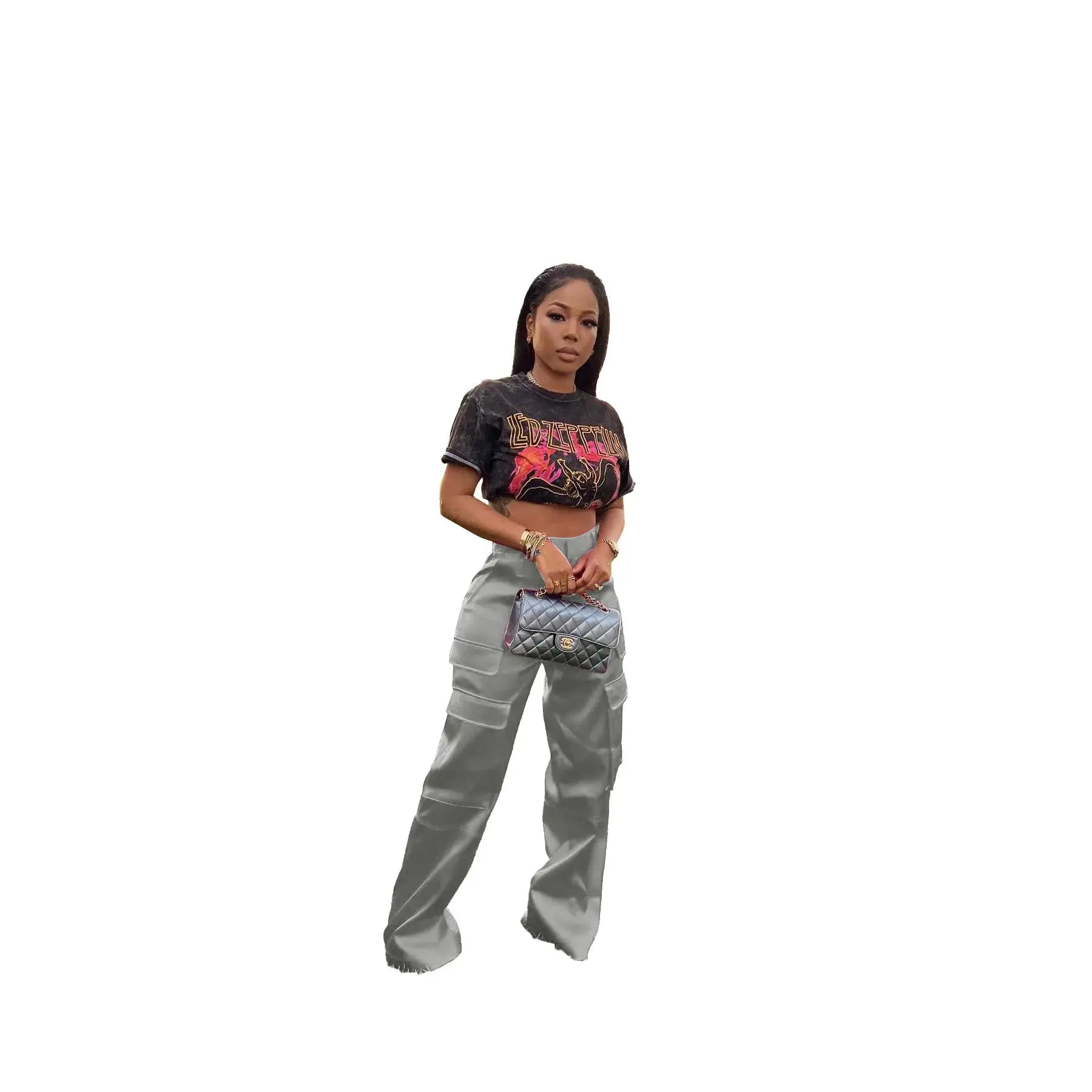 Women Pants  Spring Summer Casual Satin Stretch High Waist Cargo Pants With Pocket Streetwear Solid Wide Leg Pants Flare Trouser - Lady T Fashions