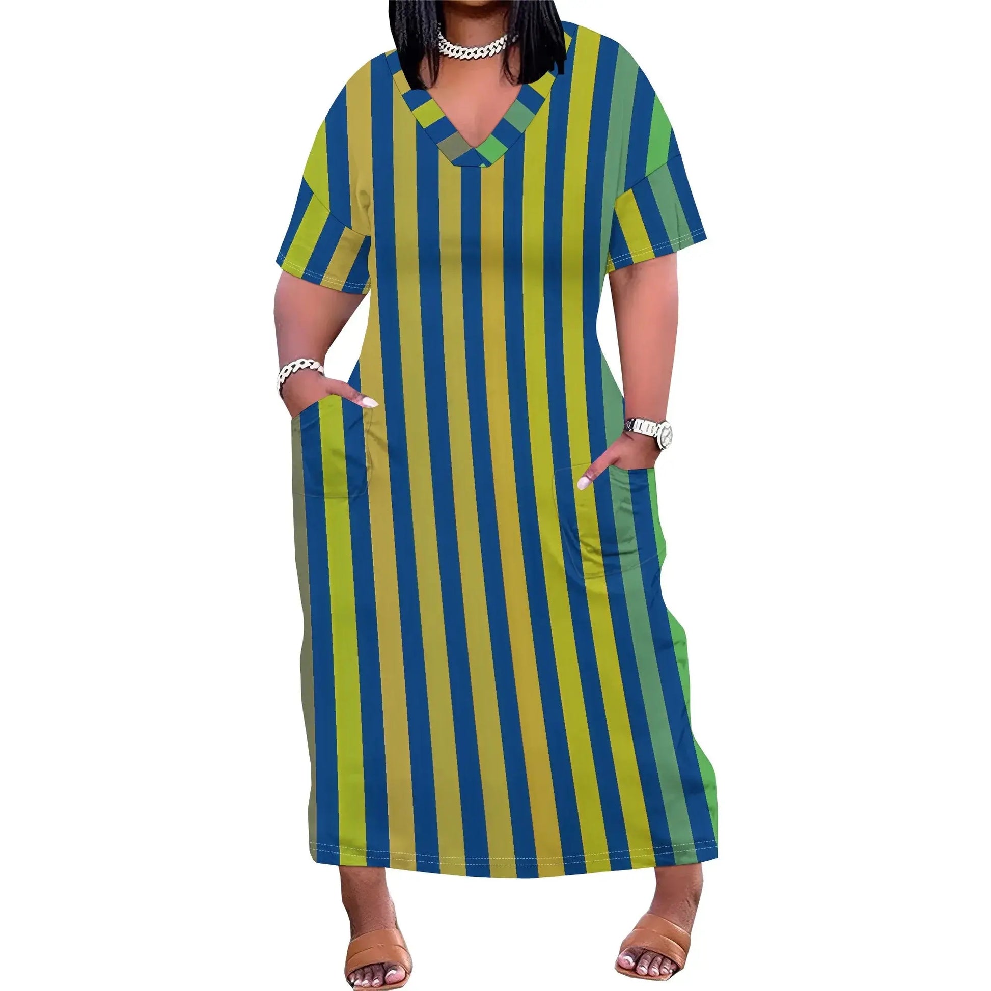 Striped Women's Maxi Dress XL-6XL, V-Neck Casual Summer Dress with Pockets, Green & Beige Vertical Stripes - Lady T Fashions