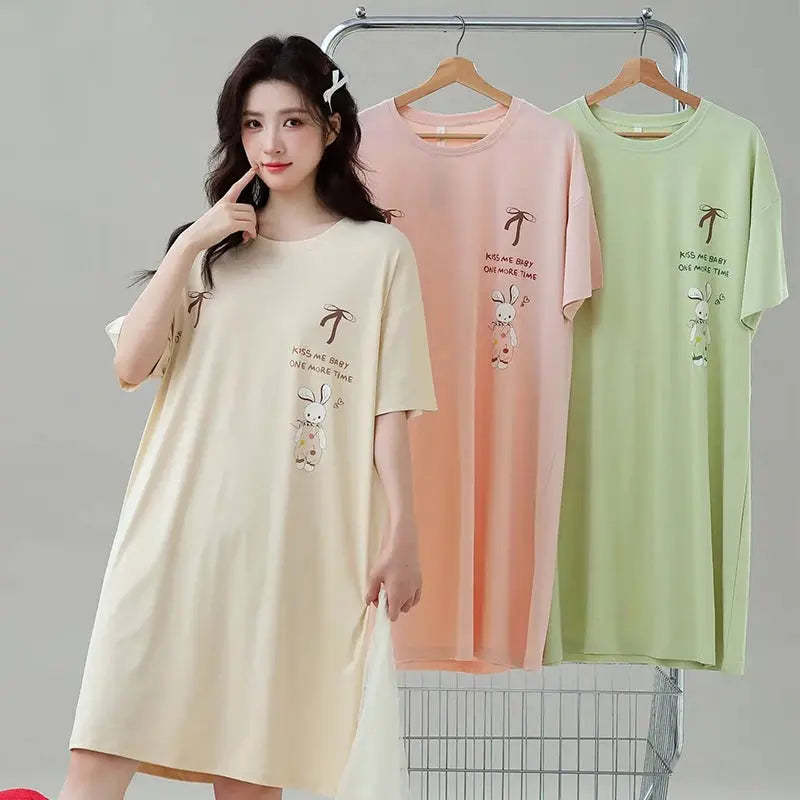 Nightgown Women Pull Racks Cotton Short Sleeves Nightdresses Ladies Home Round Neck Flowers Cartoon Letters Pink Long Skirts - Lady T Fashions