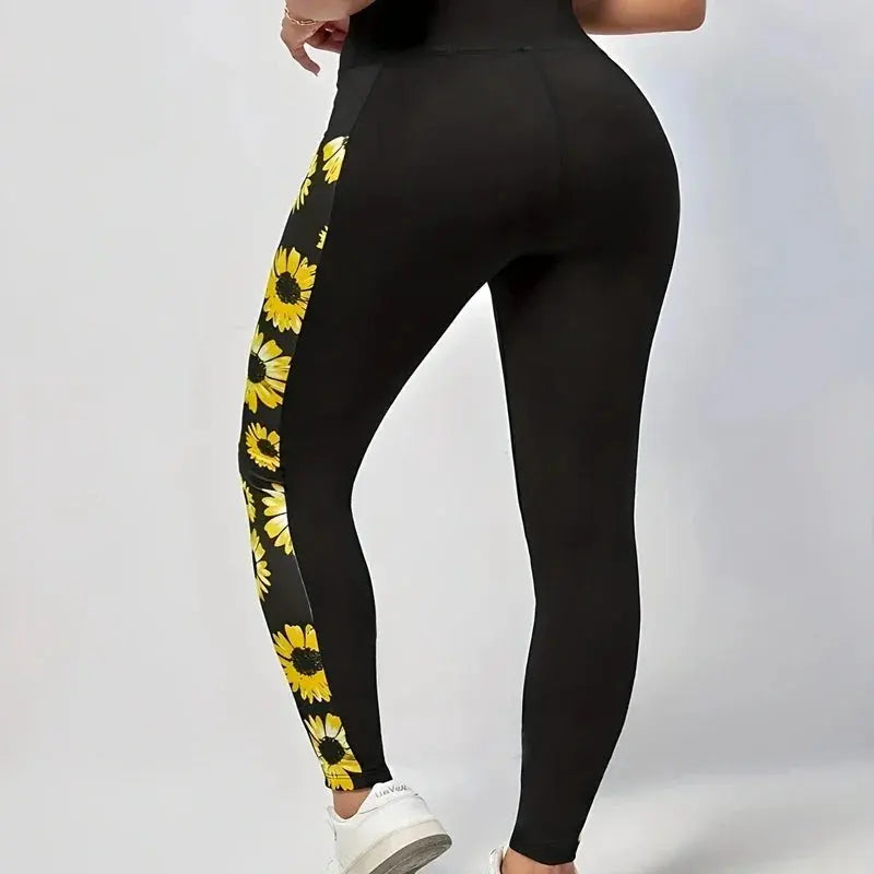 Plus Size 1XL-5XL Women Fashion Yoga Fitness Leggings High Waisted Casual Printed Flower Solid Color Leggings - Lady T Fashions