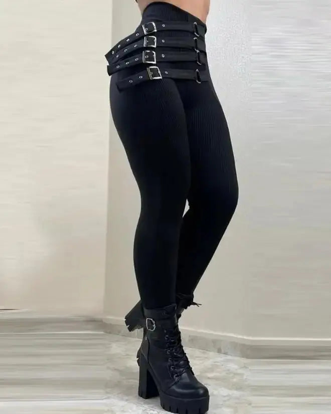 New Fashion Elegant Women's High Waist Buckled Skinny Pants Casual Trouser Bottom Female Clothing Outfits for Women - Lady T Fashions