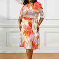 Women's Wrap Dress 2025 New Arrival Orange Floral Print 3/4 Sleeve Summer Dress XL-6XL - Lady T Fashions