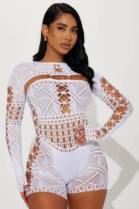 Women's Sexy Long Sleeve Jumpsuit See Through Outfit Sheer Mesh Hollow Out Night Club Short Romper - Lady T Fashions