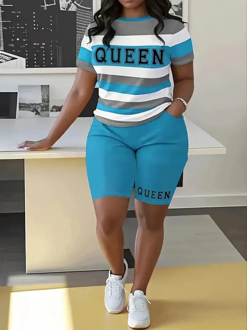 Plus Size Summer Outfits Biker Shorts Set Crew Neck Short Sleeve Positioning Printing Queen Plus Size 2 Piece Set Women - Lady T Fashions