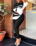 Autumn Women's Clothing New Fashion Print Sexy Backless Round Neck Five Quarter Sleeve Pants Two-piece Casual Comfortable Set - Lady T Fashions