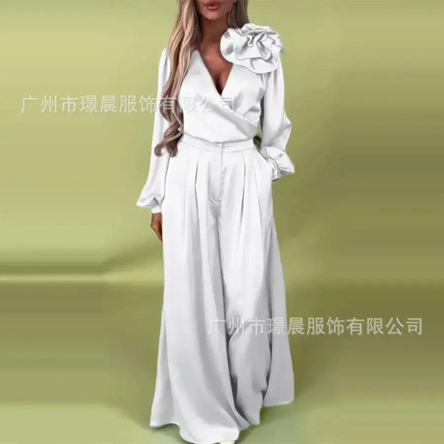 Women Pants Set Elegant 3d Flower Satin Suit For Women V Neck Blouse Wide Leg Casual Loose  Trousers Set Formal Commuting Lady T Fashions
