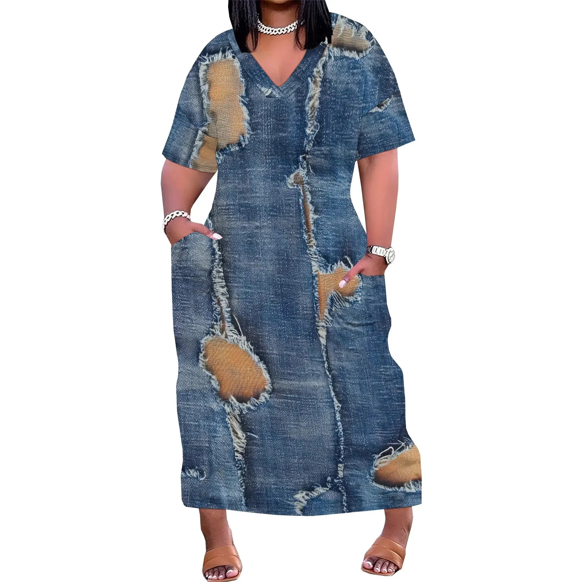 Women's Polyester Denim Style A-Line Midi Dress Light Blue Short Sleeve Casual Work - Lady T Fashions