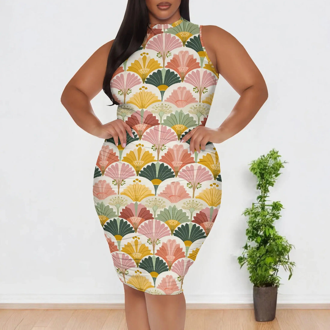Women's XL-6XL Sleeveless Pastel Fan Flower Print Dress 2025 Vintage Style Midi Dress for Garden Party or Brunch - Lady T Fashions