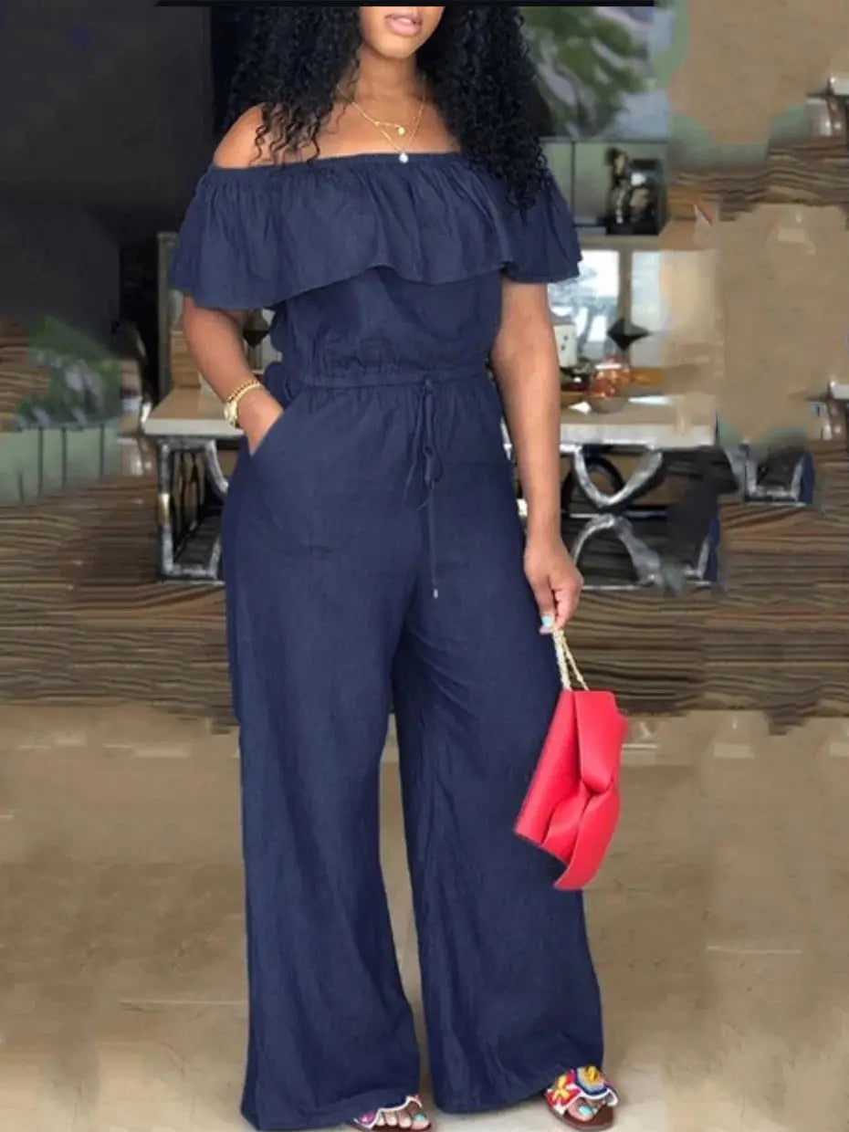 Women's Sexy Strapless Romper - Denim Wide Leg Jumpsuit with Ruffles Summer Beachwear - Lady T Fashions