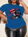 Women Plus Size Clothing Summer Round Neck Short Sleeve Printed Love Lips Lipstick Fashion Plus Size T-Shirts Y2k Top - Lady T Fashions