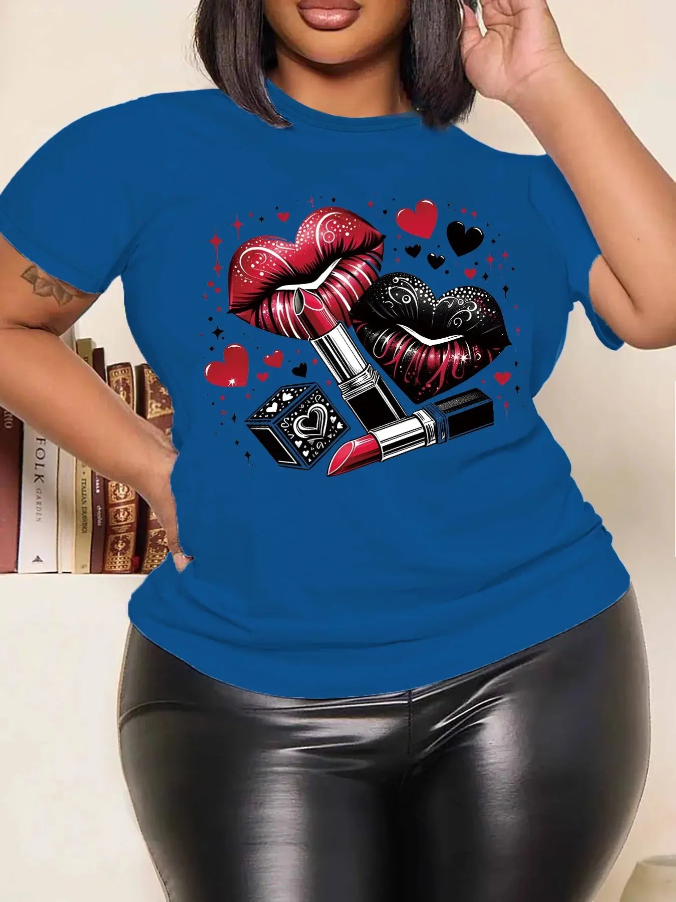 Women Plus Size Clothing Summer Round Neck Short Sleeve Printed Love Lips Lipstick Fashion Plus Size T-Shirts Y2k Top - Lady T Fashions
