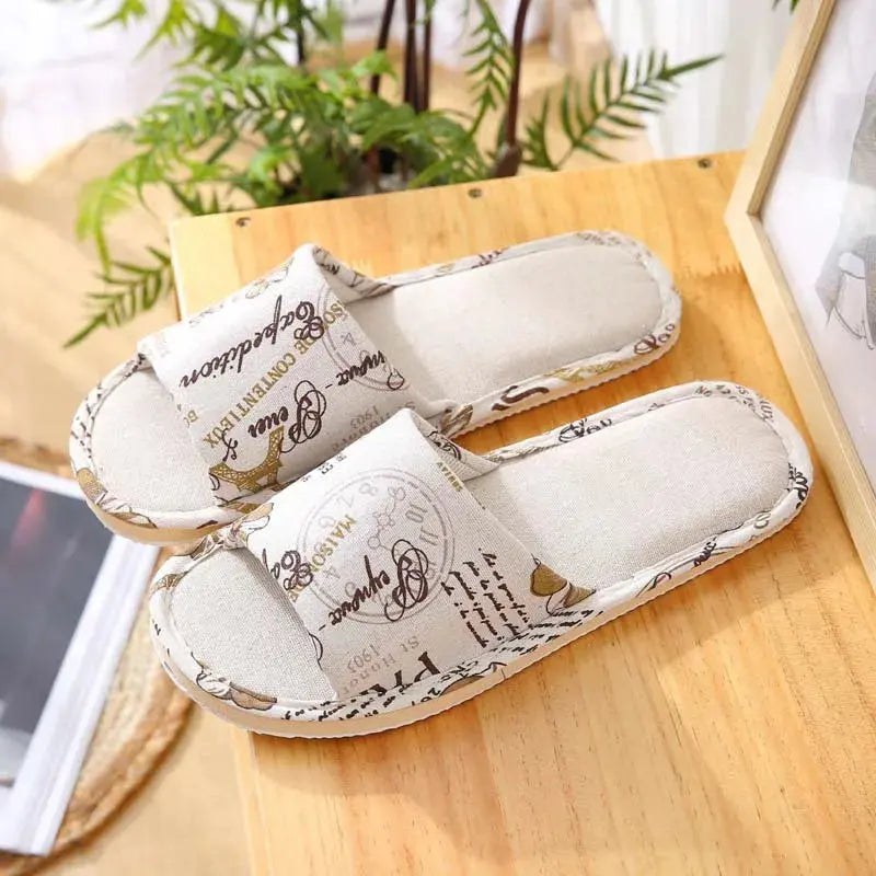 House Linen Slippers Women Floral Autumn Cute Home Indoor Non Slip Funny Sandals Cartoon Kawaii Cat Shoes Flat Flax Striped Lady T Fashions