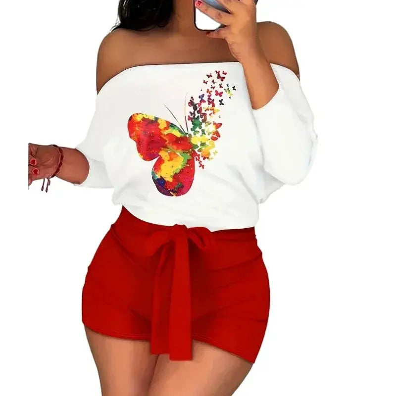 Women's  Plus Size 1XL-5XL Set Outfit Fashion Print Two Piece Ladies Shoulder-Baring T-Shirt & Shorts Butterfly Printed Outfit - Lady T Fashions